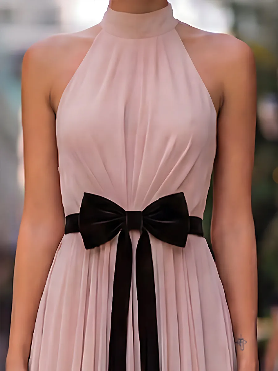 Pleated Halter Neck Maxi Dress With Velvet Bow Detail sold by Mooyius product image thumbnail 2