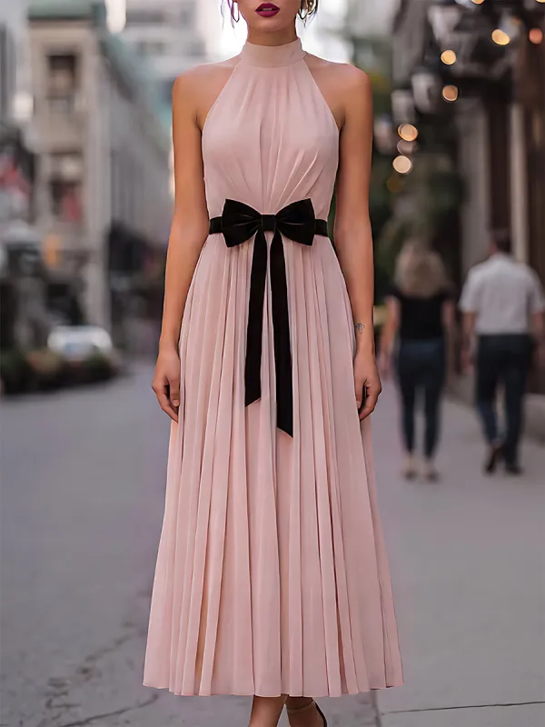 Pleated Halter Neck Maxi Dress With Velvet Bow Detail made by Mooyius