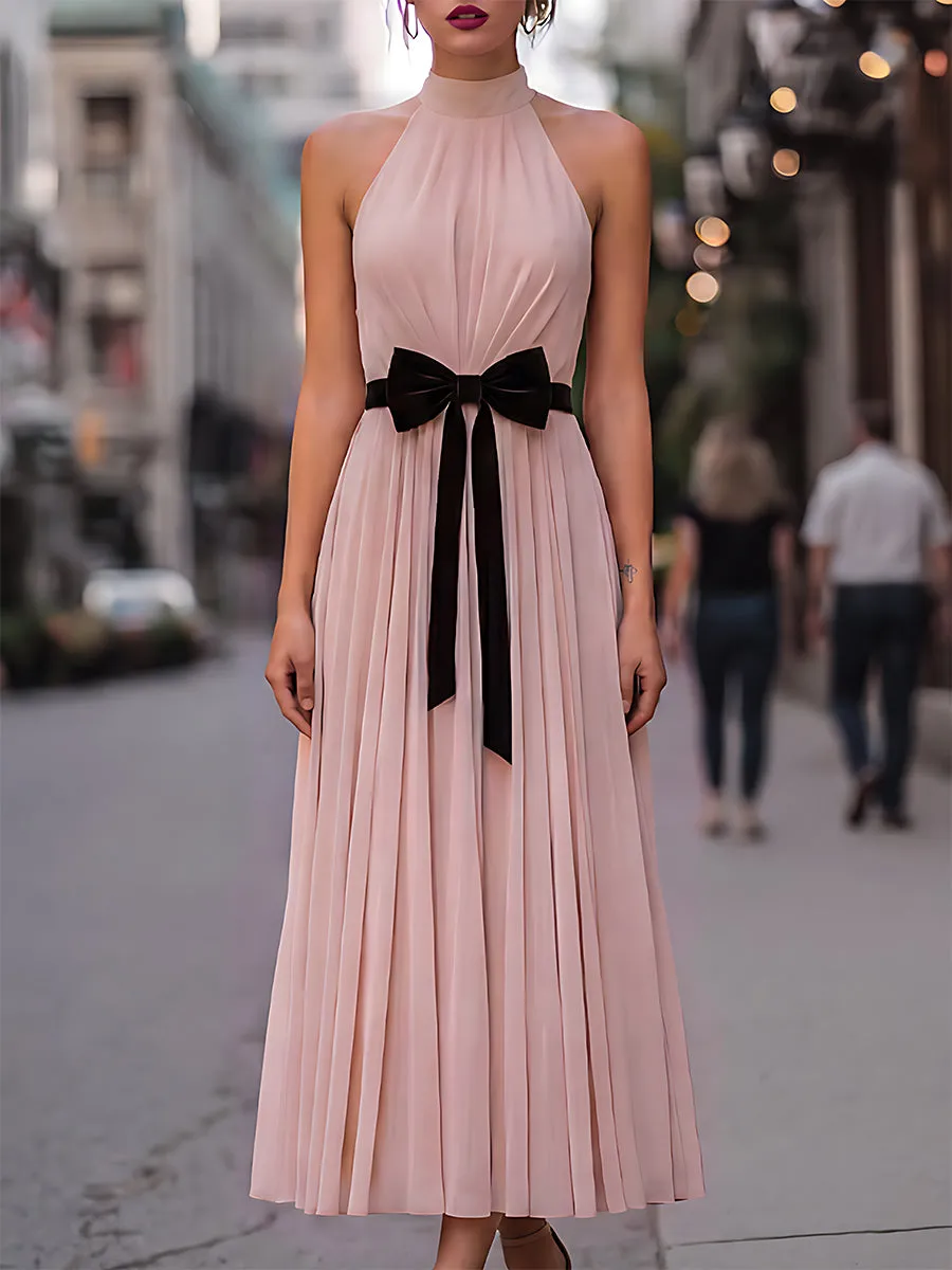 Pleated Halter Neck Maxi Dress With Velvet Bow Detail sold by Mooyius