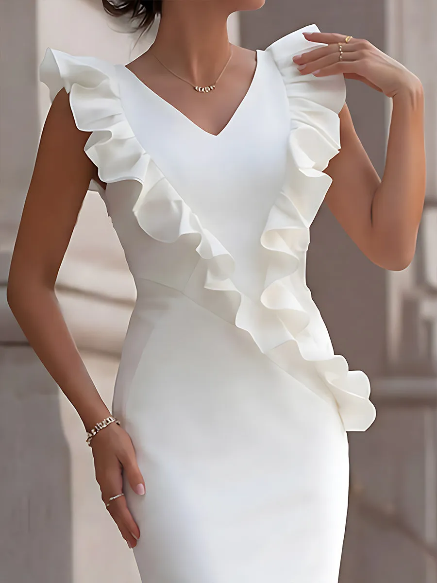 Elegant Ruffle Trim V-Neck Column Maxi Dress sold by Mooyius product image thumbnail 3