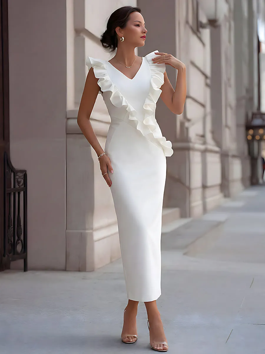 Elegant Ruffle Trim V-Neck Column Maxi Dress sold by Mooyius product image thumbnail 2