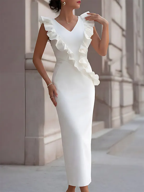 Elegant Ruffle Trim V-Neck Column Maxi Dress made by Mooyius