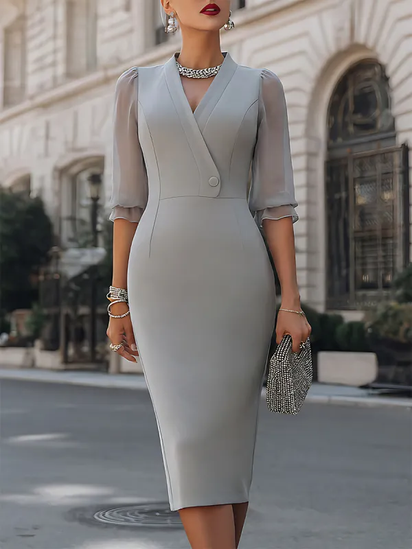 Sheer Sleeve Wrap Neck Pencil Midi Dress made by Mooyius