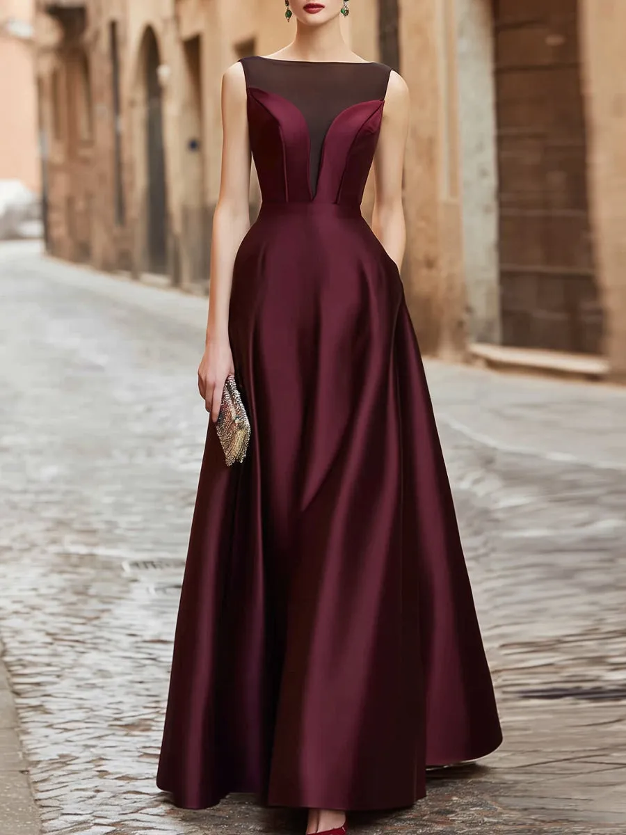 Illusion Neck Satin A-Line Evening Gown sold by Mooyius