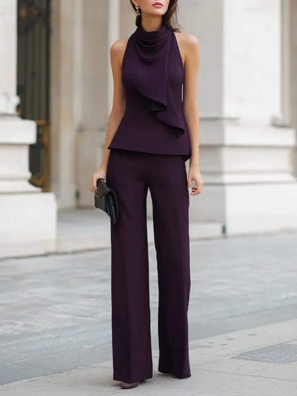 Structured Draped Halter Neck Top And Wide-Leg Pants Set made by Mooyius