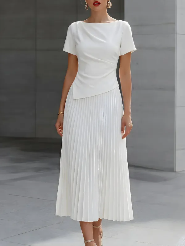 Asymmetric Draped Top And Pleated Midi Skirt Set made by Mooyius
