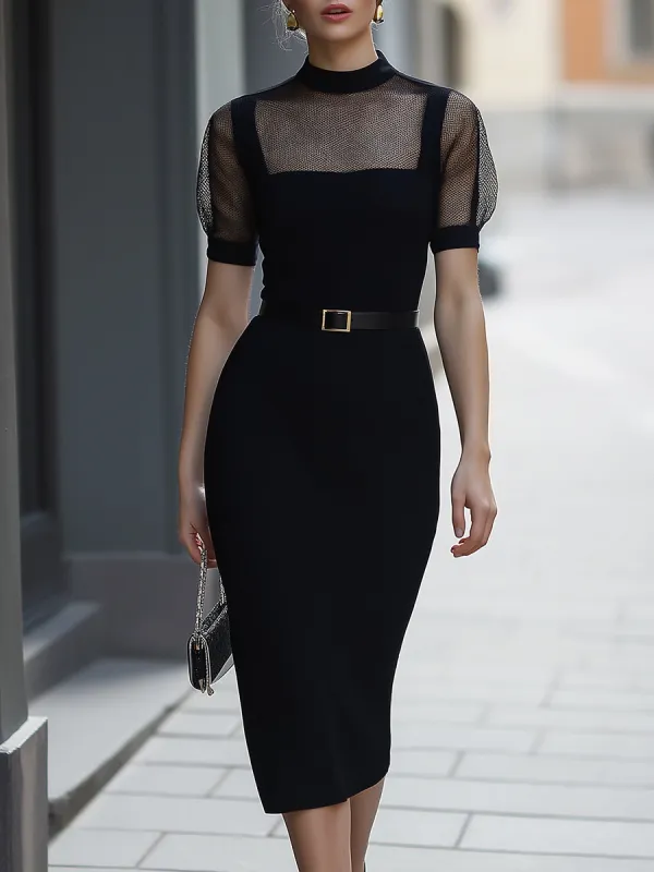 Sheer Mesh Panel Belted Pencil Midi Dress made by Mooyius
