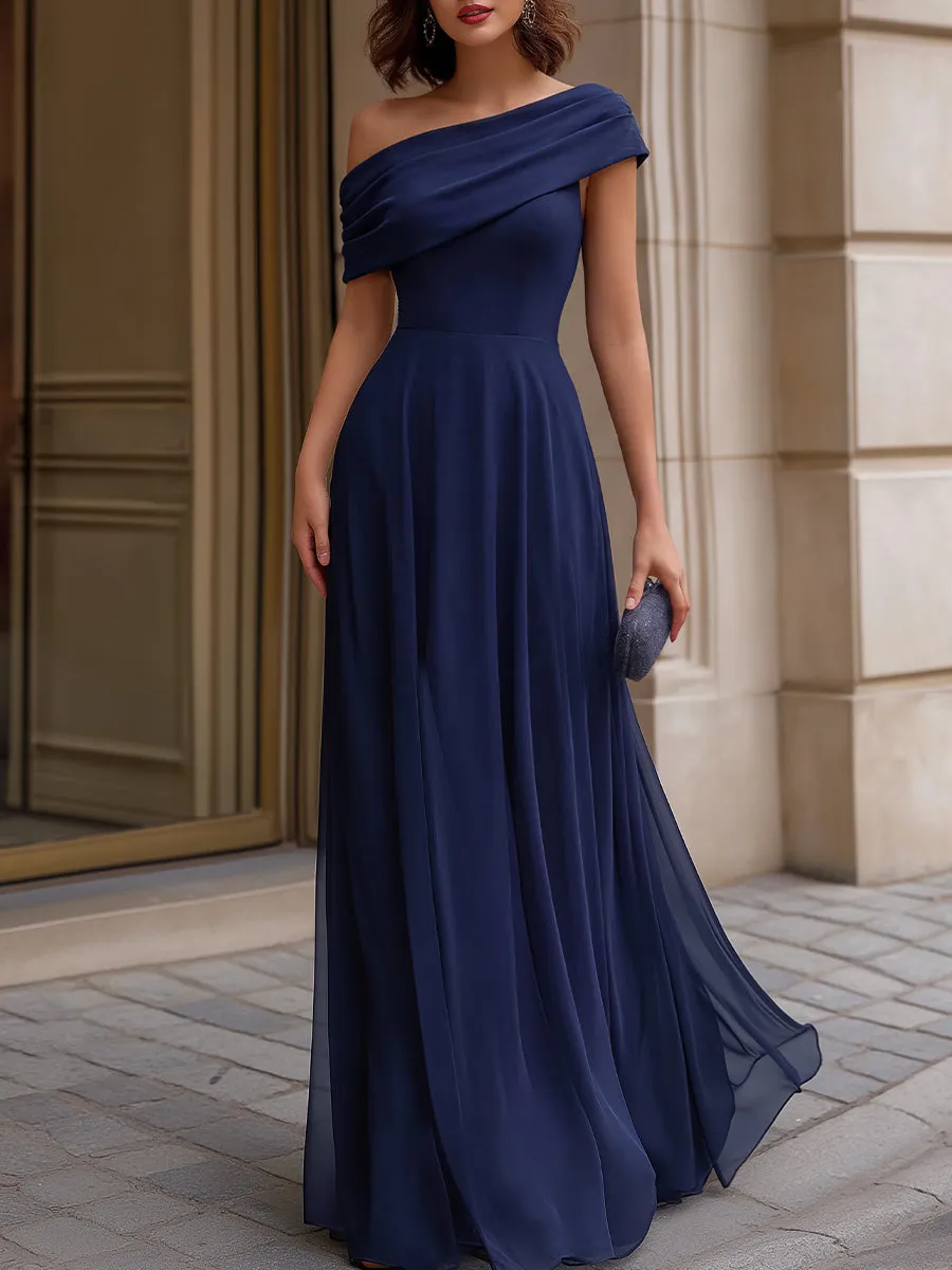 Off-Shoulder Draped Chiffon Evening Maxi Dress sold by Mooyius