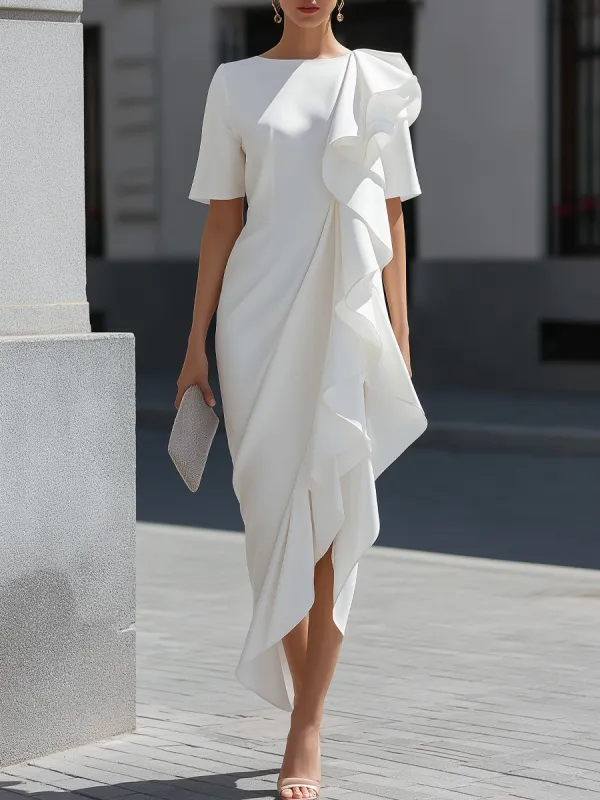 Asymmetric Ruffle Cascade Draped Midi Dress made by Mooyius