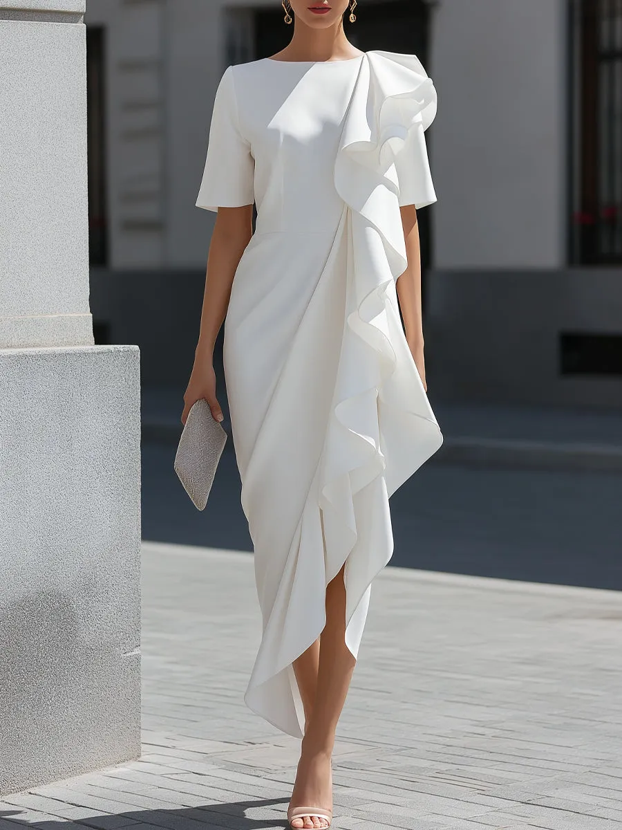 Asymmetric Ruffle Cascade Draped Midi Dress sold by Mooyius