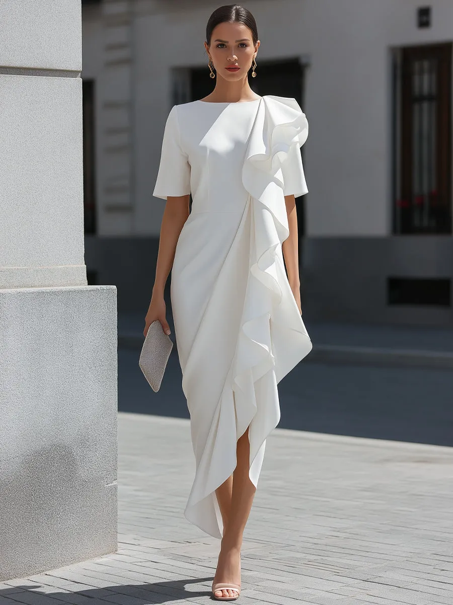 Asymmetric Ruffle Cascade Draped Midi Dress sold by Mooyius product image thumbnail 2