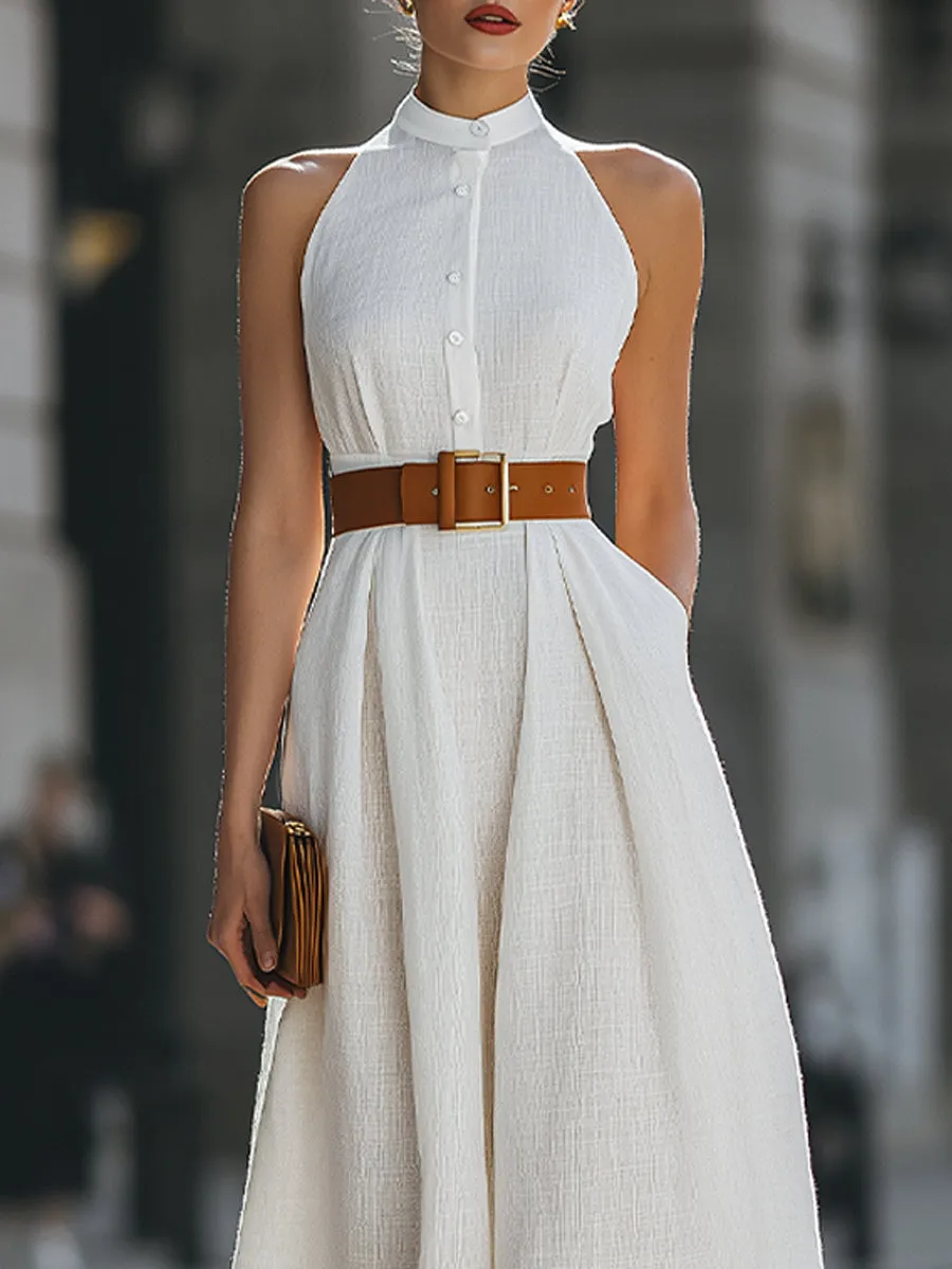 Premium 100% Linen Belted Halter Maxi Dress sold by Mooyius product image thumbnail 3