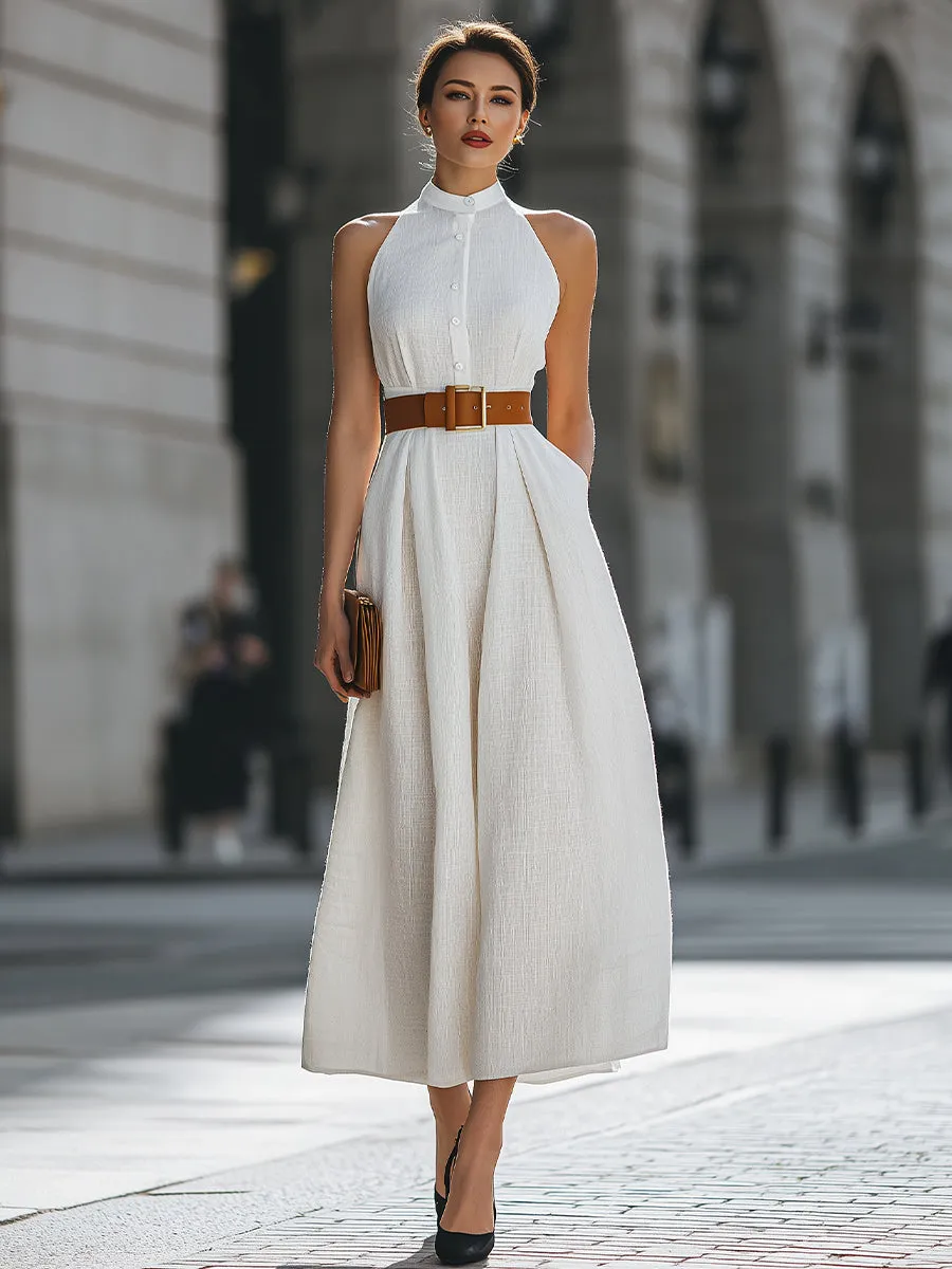 Premium 100% Linen Belted Halter Maxi Dress sold by Mooyius product image thumbnail 2