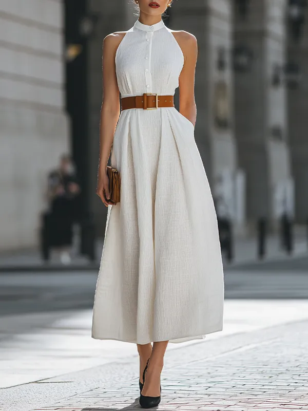 Premium 100% Linen Belted Halter Maxi Dress made by Mooyius