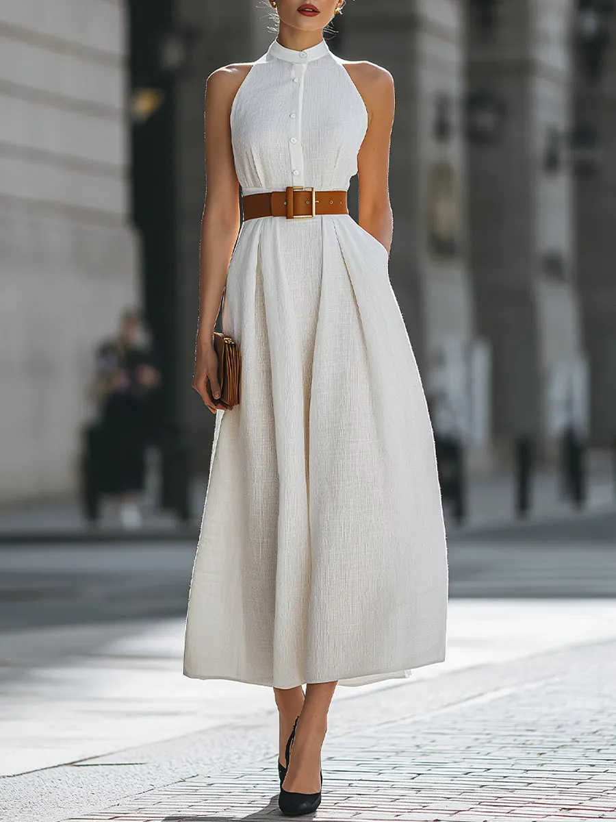 Premium 100% Linen Belted Halter Maxi Dress sold by Mooyius