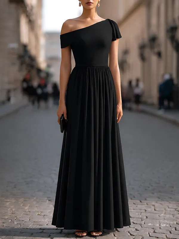 Structured One-Shoulder Pleated Waist Maxi Dress made by Mooyius