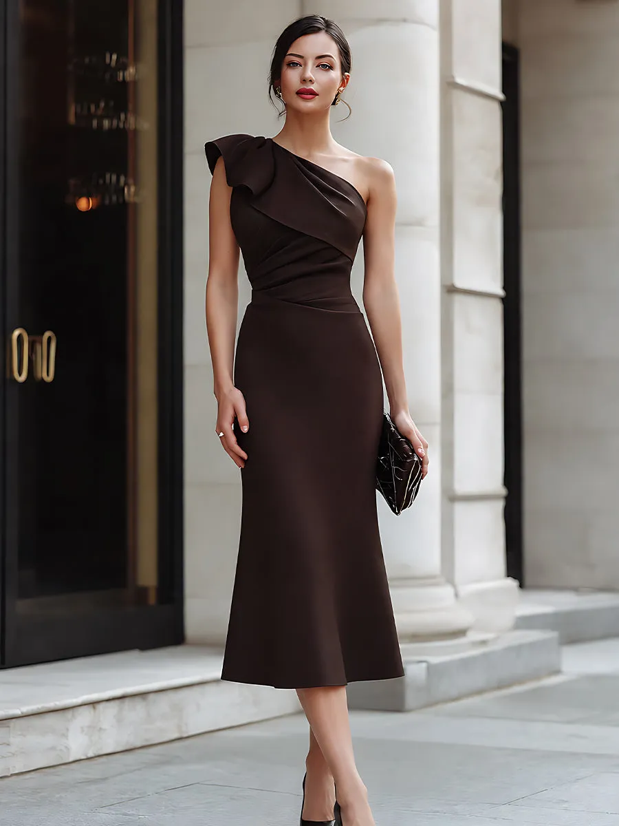 Structured One-Shoulder Draped Ruffle Accent Midi Dress sold by Mooyius product image thumbnail 2