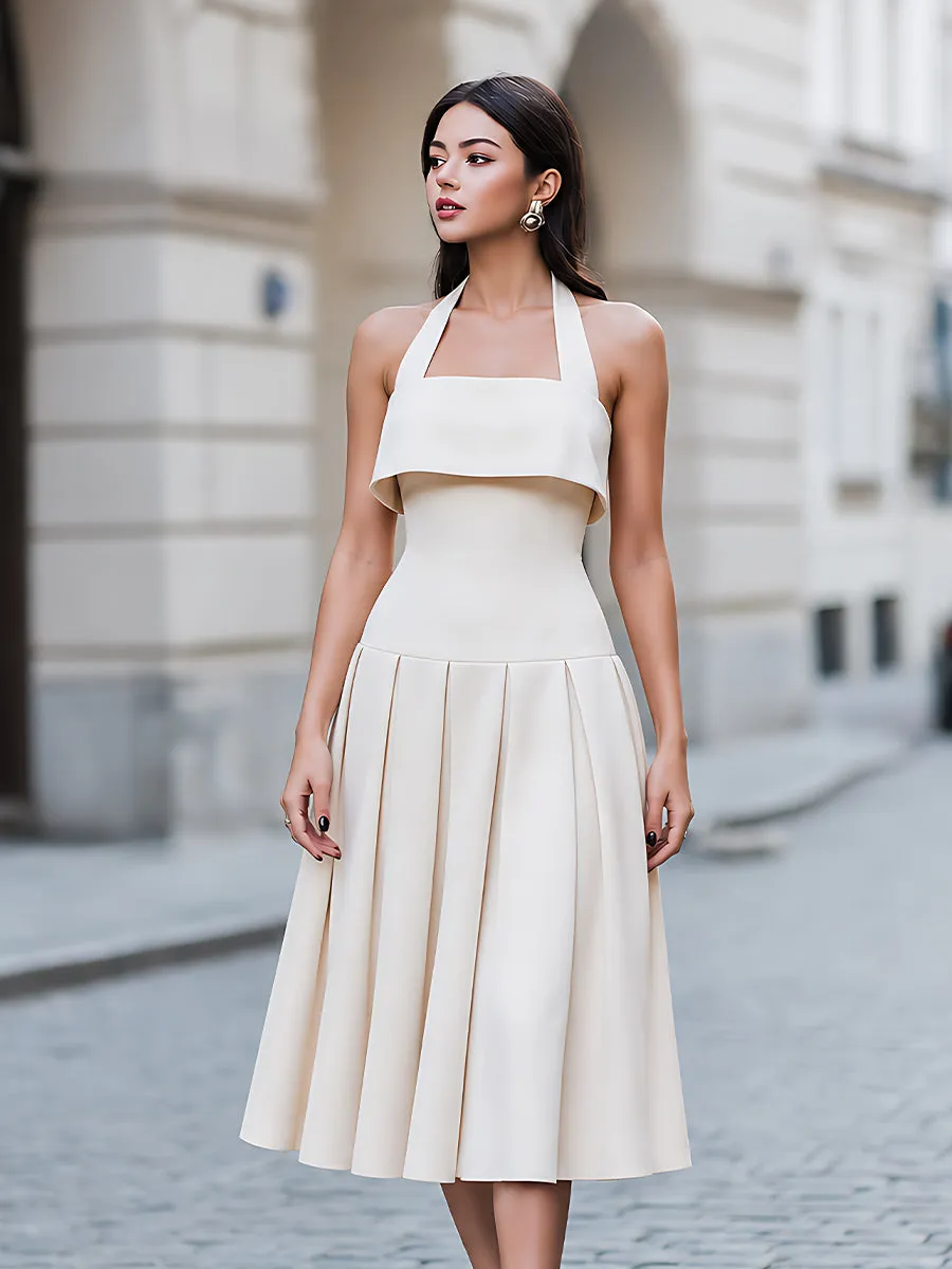 Structured Halter Neck Layered Bodice Pleated Midi Dress sold by Mooyius product image thumbnail 2