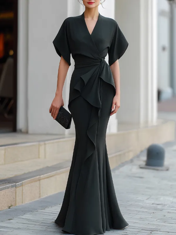Draped Wrap Ruffle Front Mermaid Maxi Dress made by Mooyius