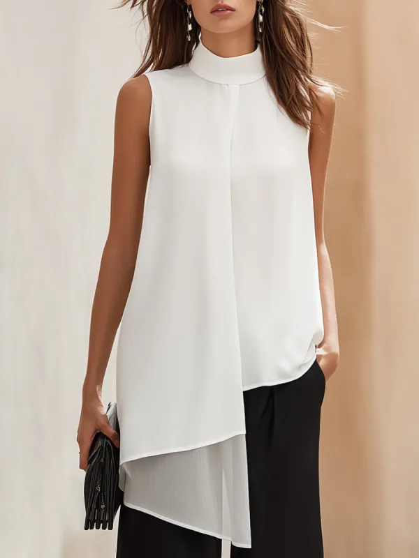 Sleeveless High-Neck Elegant Top With Asymmetrical Hem made by Mooyius