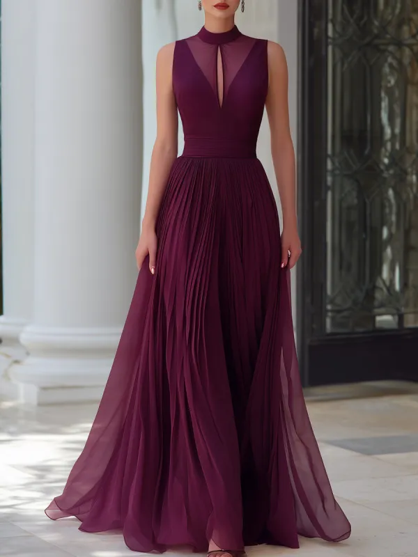 Illusion Neck Pleated Chiffon Maxi Dress made by Mooyius