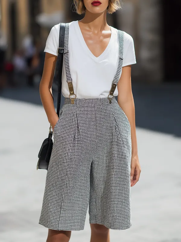 Houndstooth Suspender Shorts & V-Neck Tee Set made by Mooyius