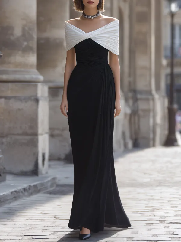 Contrast Off-Shoulder Draped Maxi Dress made by Mooyius