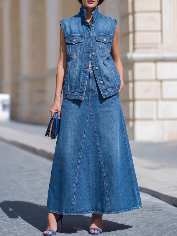 Denim Stand-Collar Sleeveless Vest & High-Waisted A-Line Maxi Skirt Two-Piece Set made by Something Navy