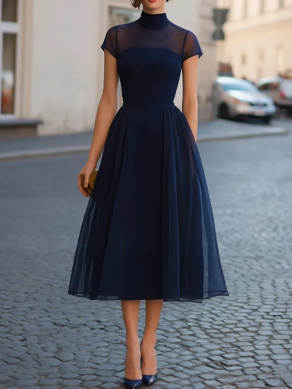 Sheer Mesh Mock Neck Short-Sleeve A-Line Midi Dress made by Something Navy