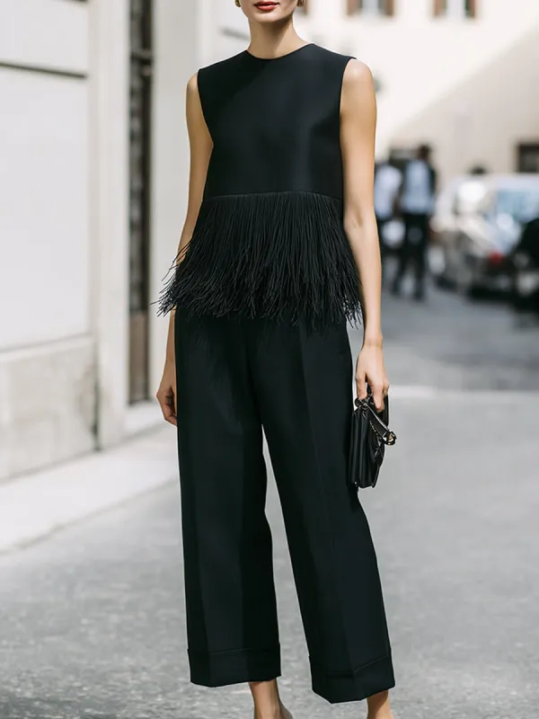 Black Fringe Trim Sleeveless Top & Wide-Leg Pants Set made by Mooyius