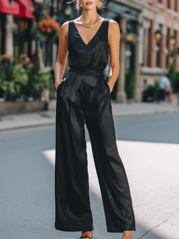 Sleeveless V-Neck Top & Wide-Leg Pants Set made by Mooyius