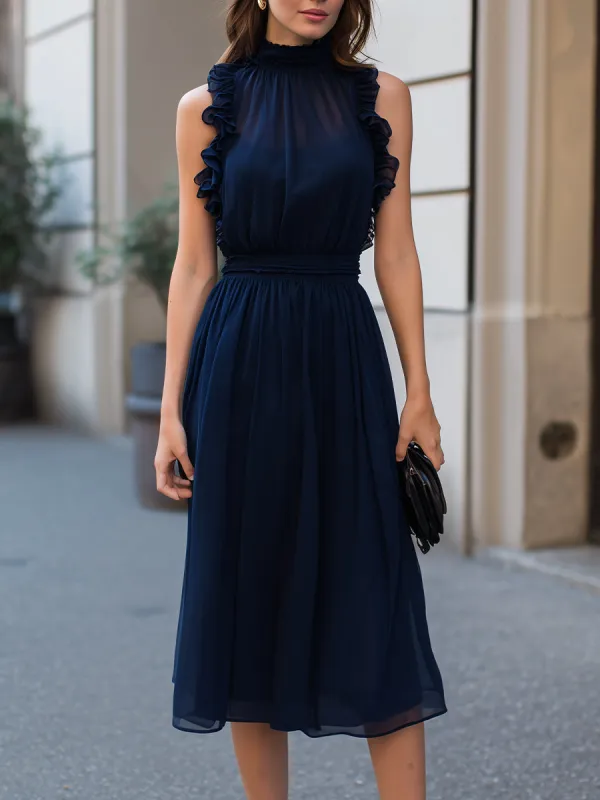 Ruffle Trim High Neck A-Line Midi Dress made by Mooyius