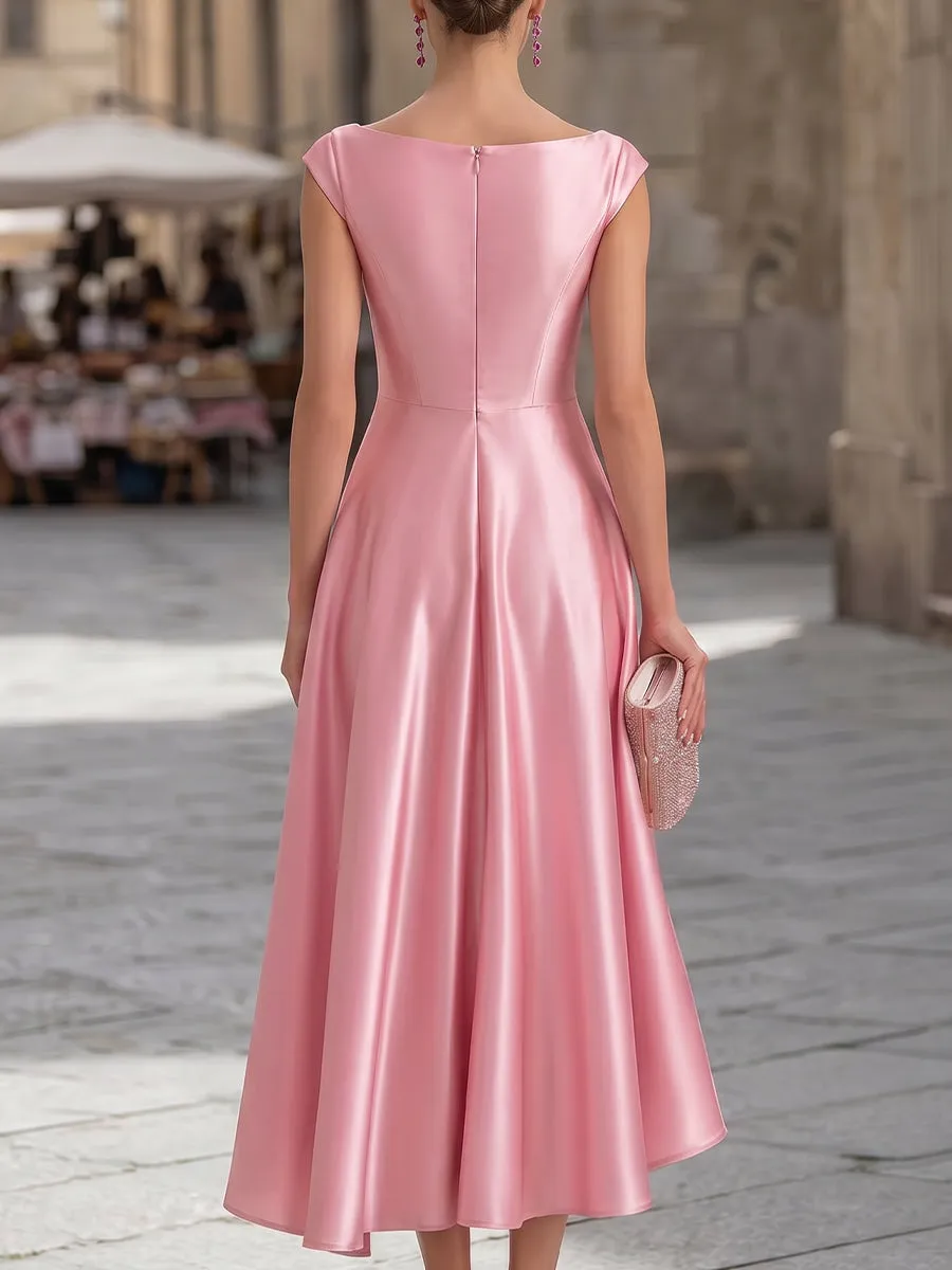 Bateau Neck Satin High-Low A-Line Midi Dress sold by Mooyius product image thumbnail 3