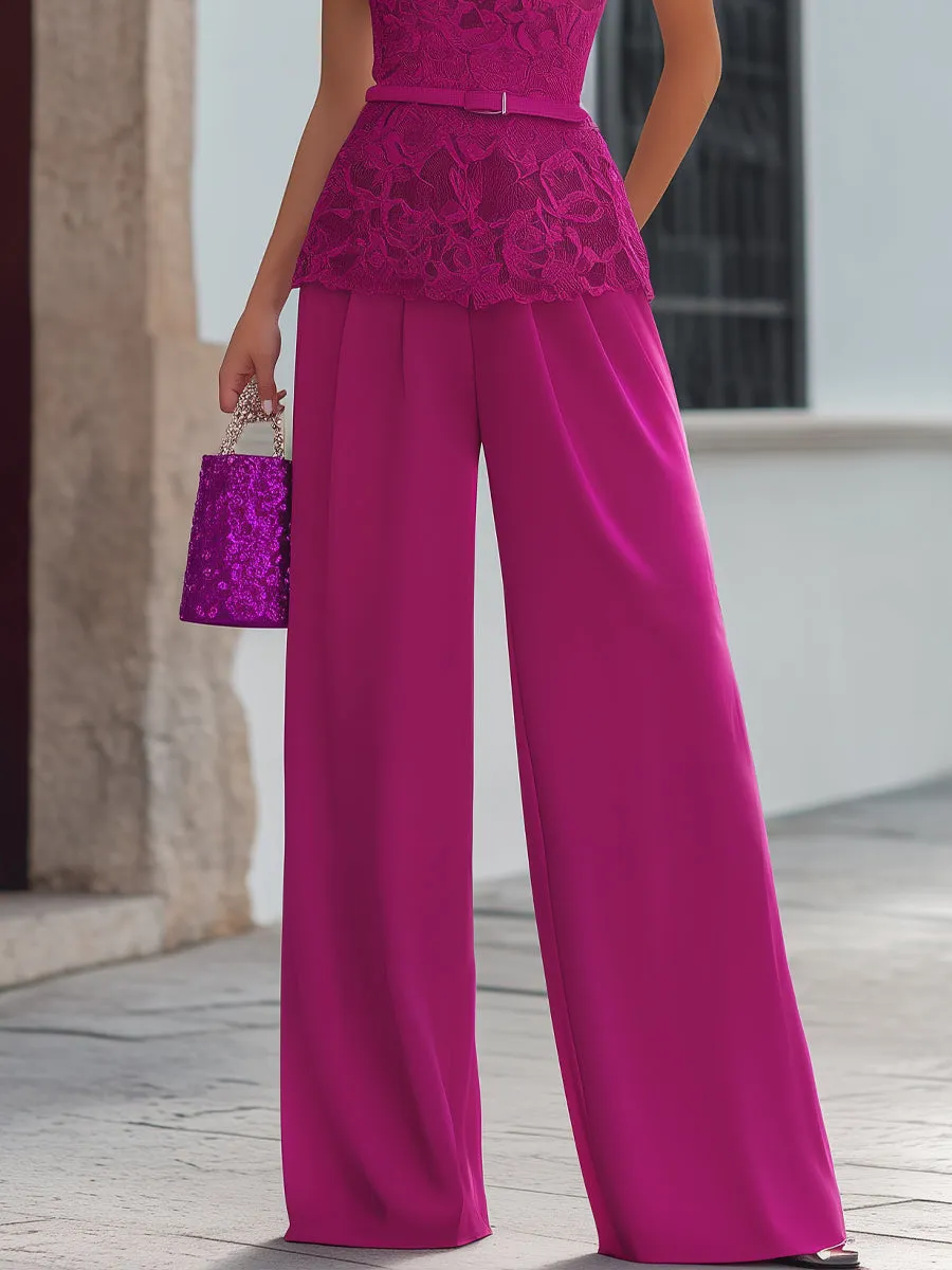 Belted Lace Peplum Blouse And Wide-Leg Pants Set sold by Mooyius product image thumbnail 3