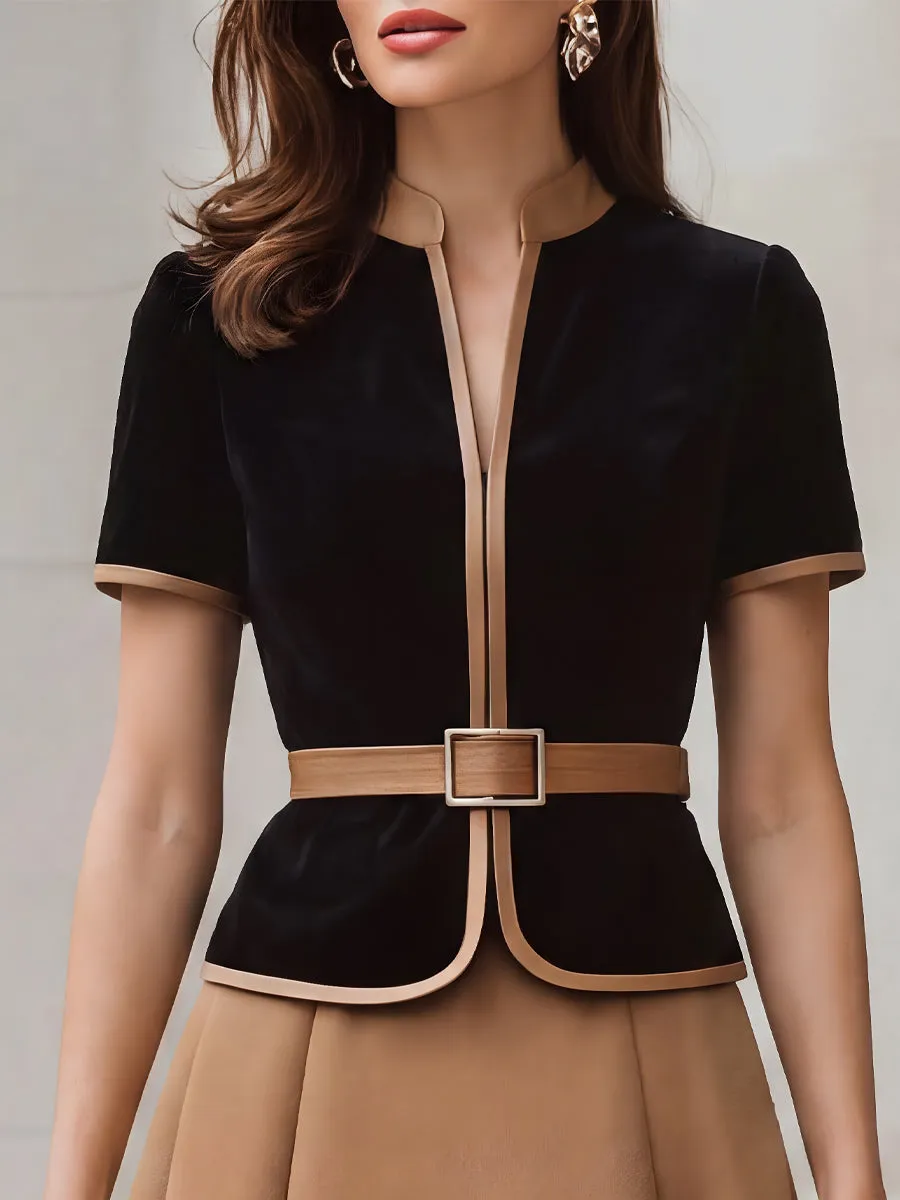 Contrast Trim Peplum Blazer And Pleated A-Line Skirt Set sold by Mooyius product image thumbnail 2