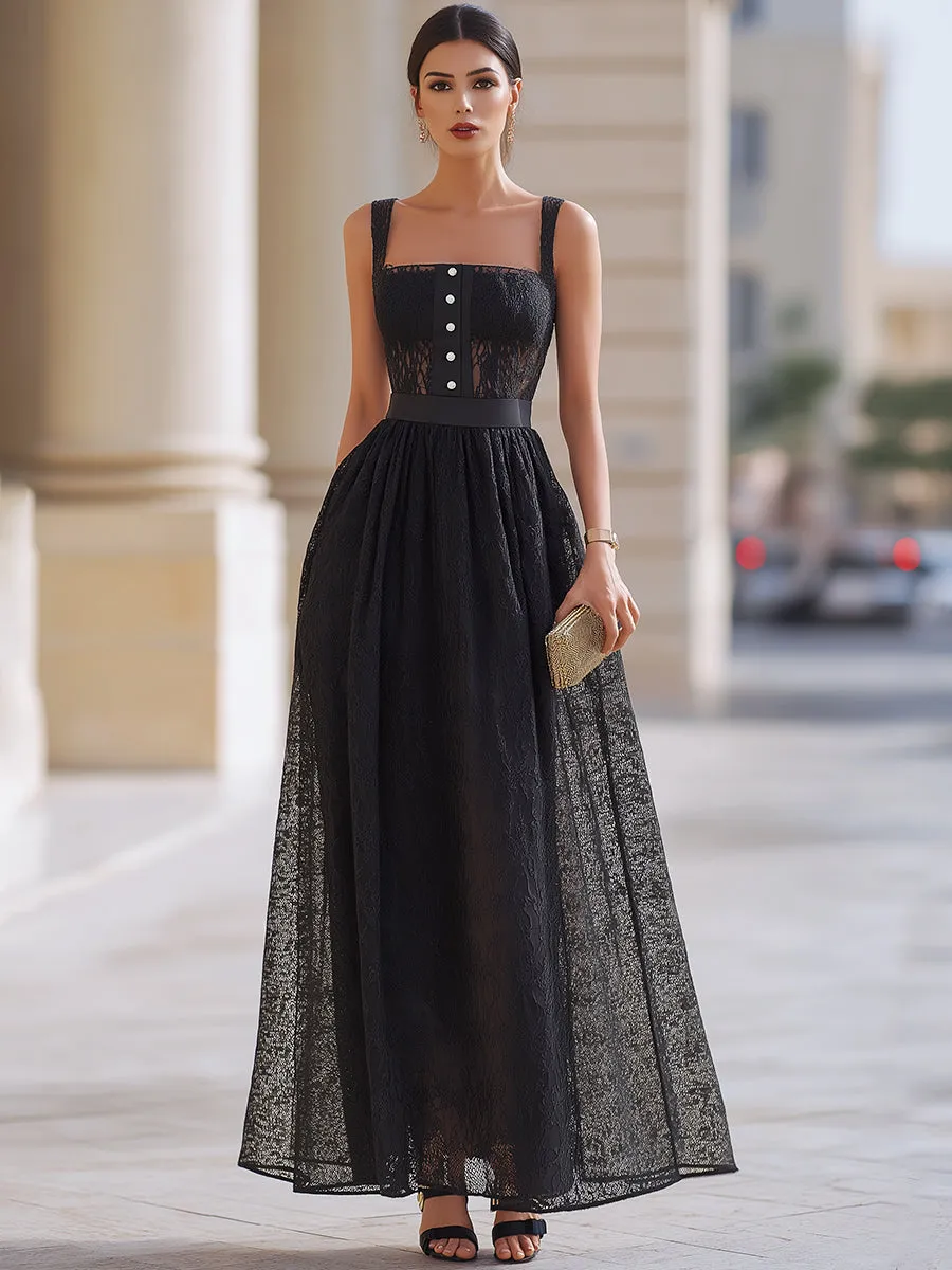 Black Lace Button Detail A-Line Midi Dress sold by Mooyius product image thumbnail 2