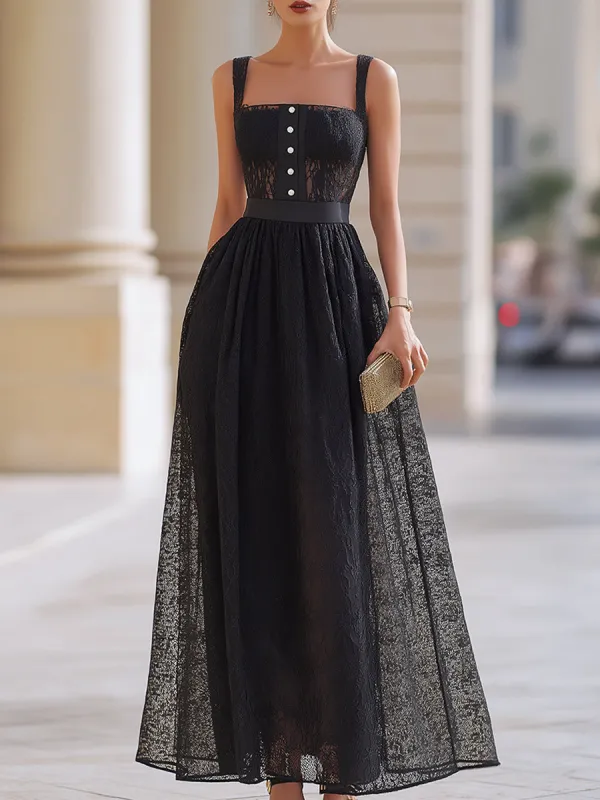 Black Lace Button Detail A-Line Midi Dress made by Mooyius