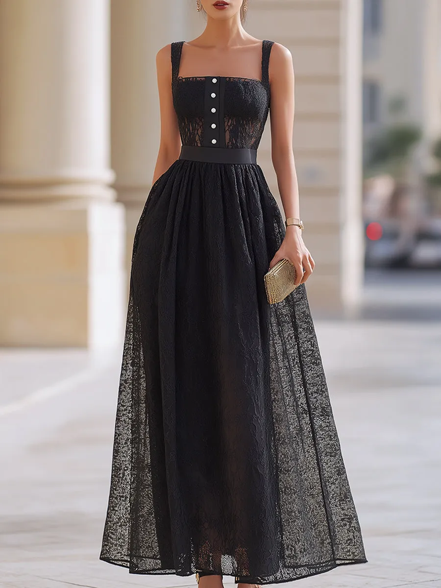 Black Lace Button Detail A-Line Midi Dress sold by Mooyius