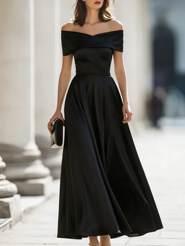 Off-Shoulder Satin A-Line Maxi Dress made by Mooyius