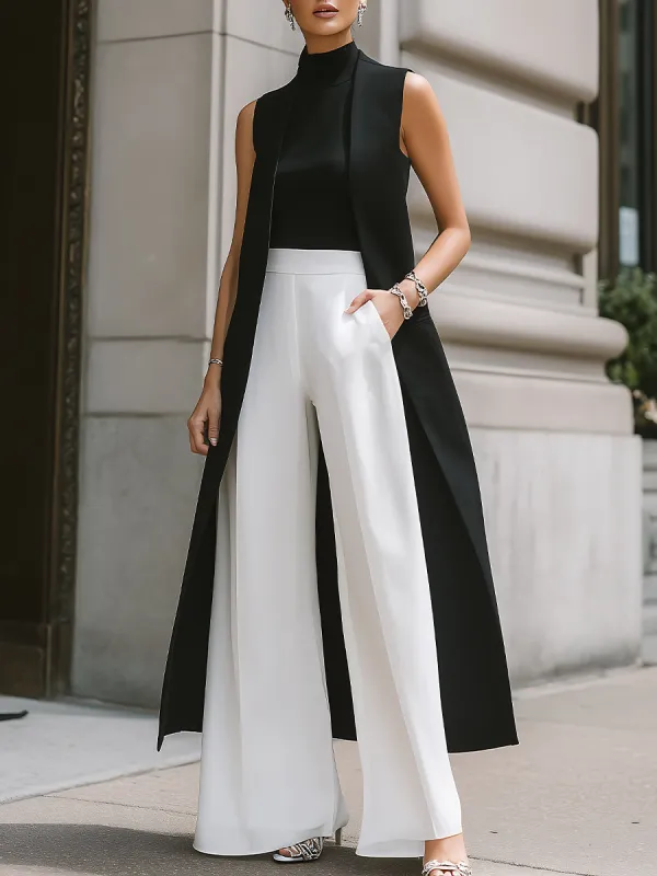 Sleeveless Longline Vest, High-Neck Top & Wide-Leg Pants Set made by Mooyius