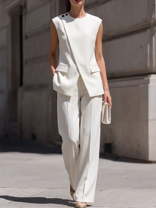 Asymmetrical Sleeveless Blazer Vest & High-Waisted Wide-Leg Trousers Two-Piece Suit made by Something Navy