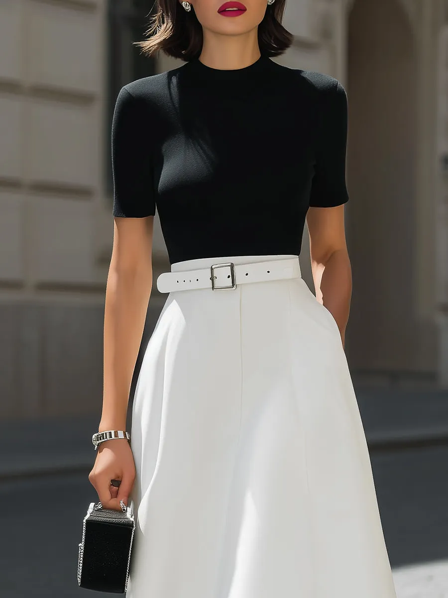 Short-Sleeve Mock Neck Top & White Belted A-Line Midi Skirt Two-Piece Set sold by Mooyius product image thumbnail 2