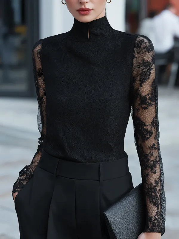 Sheer Long-Sleeve Lace High-Neck Blouse made by Mooyius
