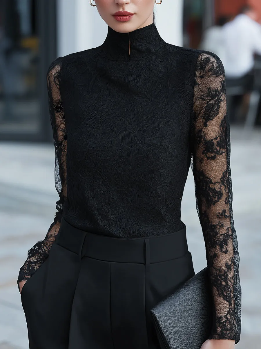 Sheer Long-Sleeve Lace High-Neck Blouse sold by Mooyius
