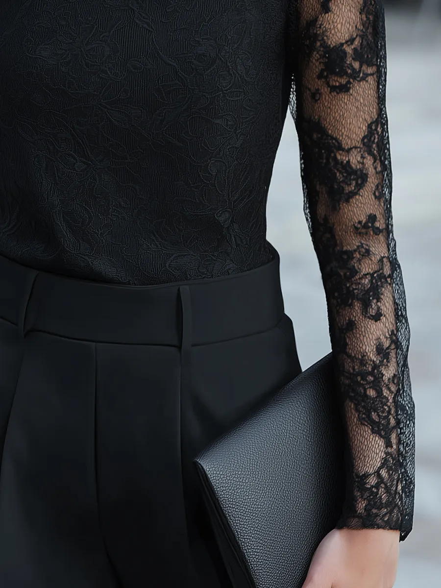 Sheer Long-Sleeve Lace High-Neck Blouse sold by Mooyius product image thumbnail 3