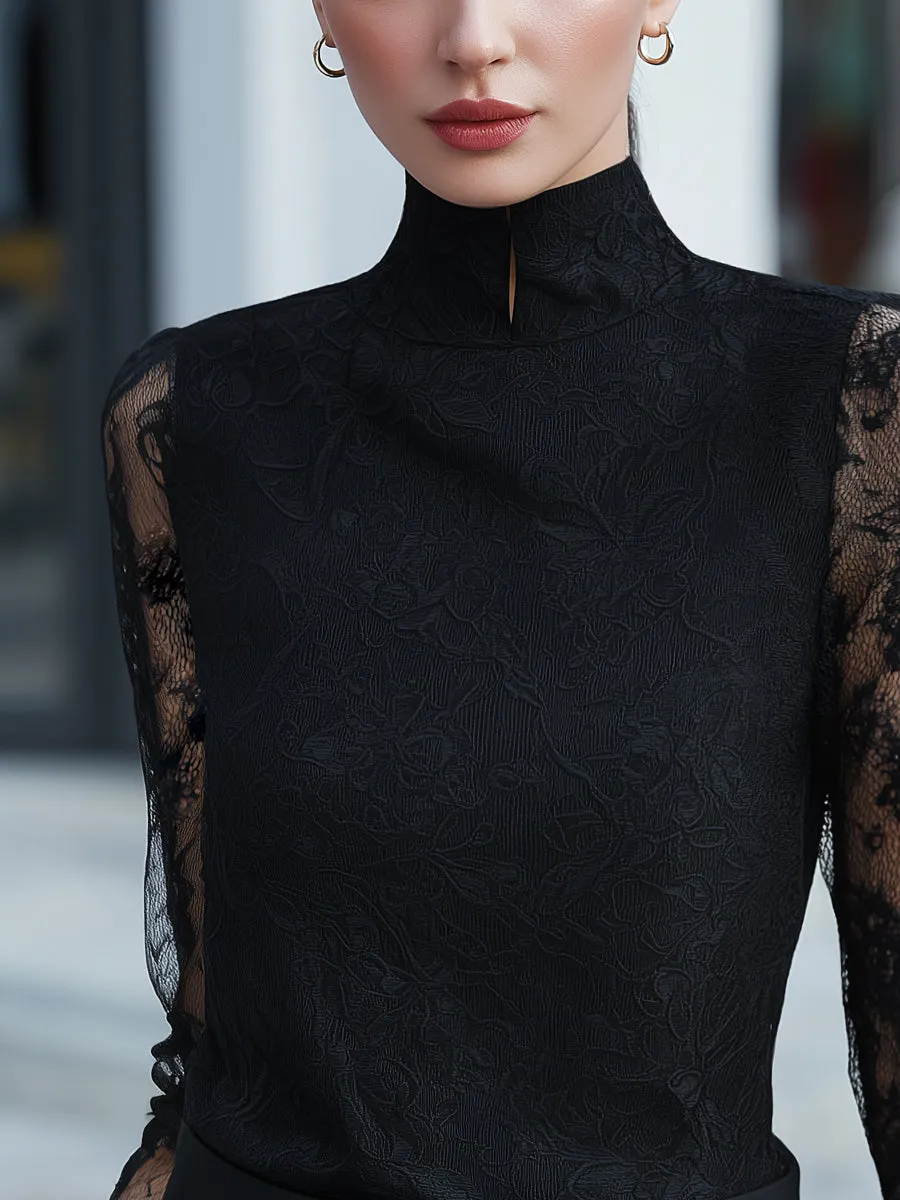 Sheer Long-Sleeve Lace High-Neck Blouse sold by Mooyius product image thumbnail 2