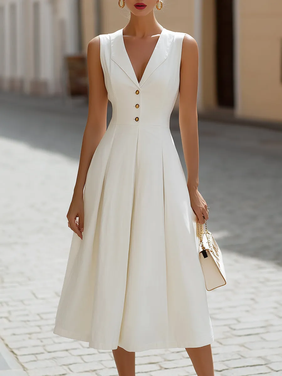 Elegant V-Neck Button-Front Midi Dress sold by Mooyius