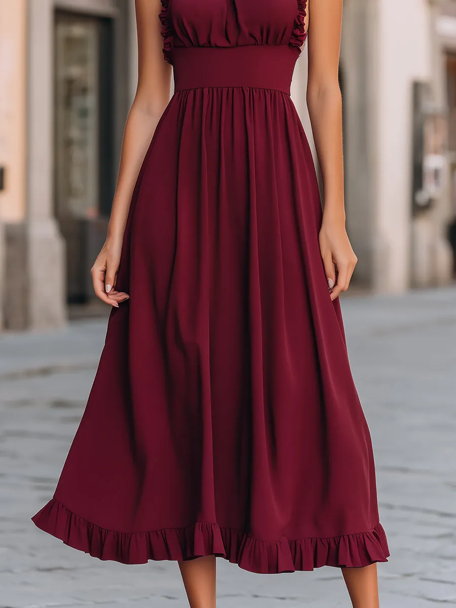 Burgundy Halter Ruffle Midi Dress sold by Mooyius product image thumbnail 3