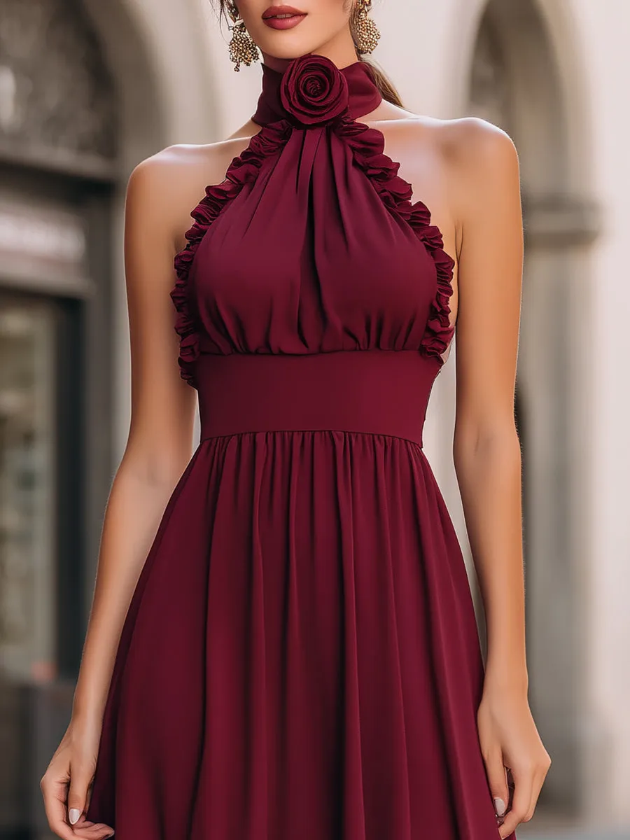 Burgundy Halter Ruffle Midi Dress sold by Mooyius product image thumbnail 2