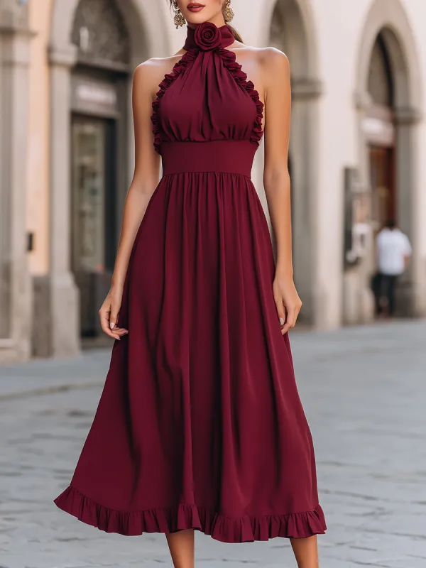 Burgundy Halter Ruffle Midi Dress made by Mooyius